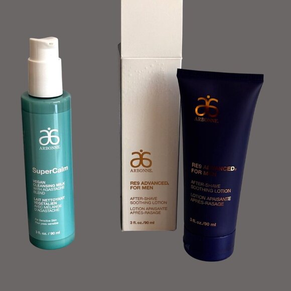 Arbonne Mens Skincare Set Cleansing Milk RE9 After Shave Lotion Charcoal Soap - Picture 2 of 9